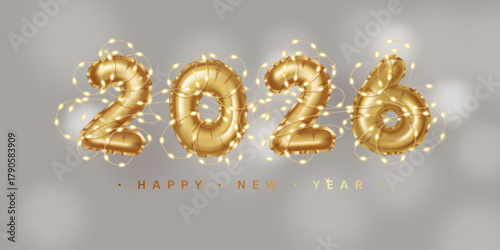 2026 Golden Balloon numbers with micro lights, Happy New Year greetings. Vector illustration in realistic 3D style
