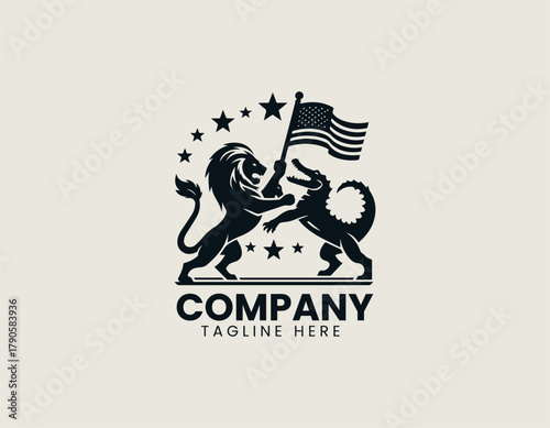 Lion and crocodile fighting with flag and stars black vector logo illustration