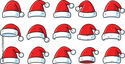 Set of red Santa hats in different styles and angles, cute cartoon Christmas hat collection, festive holiday vector illustration for winter design projects