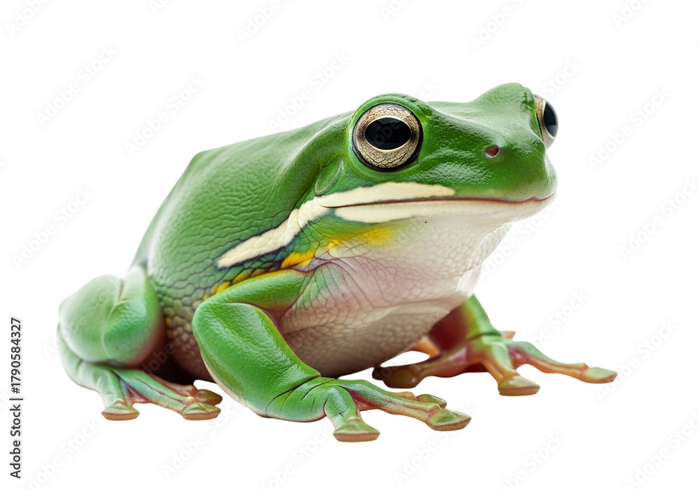 Obraz premium A vibrant green tree frog with large eyes and yellow markings on its side