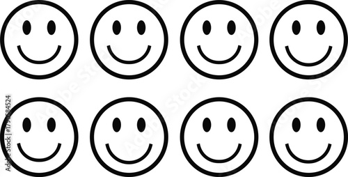 Simple black smiley face icons set, happy emoticon line art illustration, minimalist vector design for positivity and graphic decoration