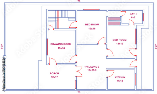 42.6x70 feet modern house floor plan vector with two bedrooms, drawing room, TV lounge, kitchen, bath, and porch layout, detailed residential architectural blueprint