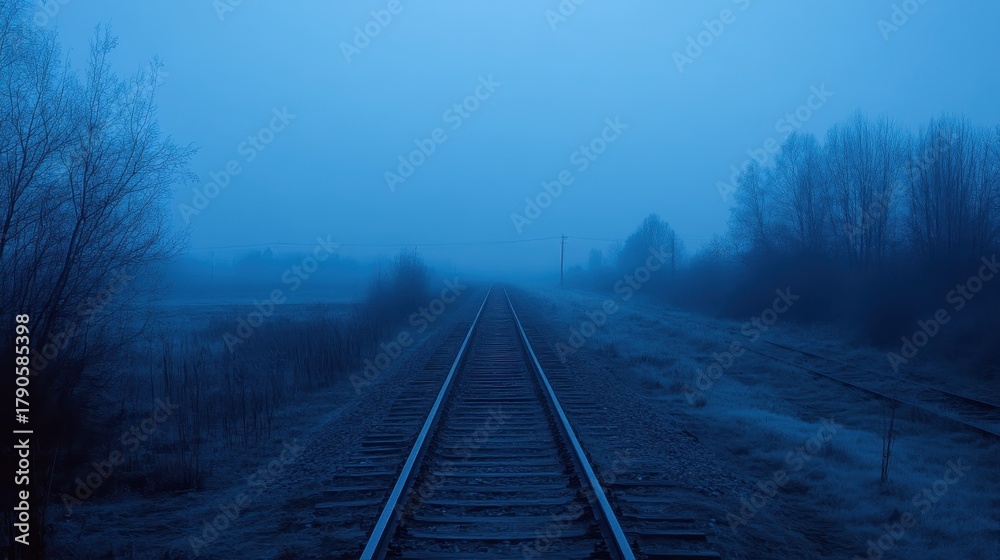 Fototapeta premium Railway Tracks Leading into the Foggy Desolate Horizon
