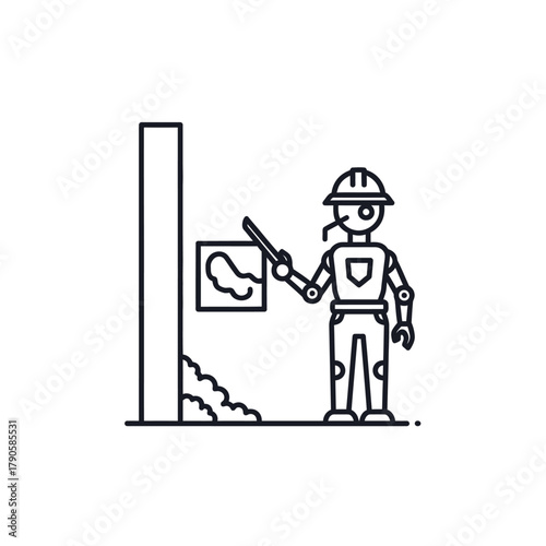 A humanoid construction robot in a hard hat applying plaster to a wall with a trowel, simple line art icon.