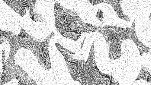 Black and white abstract pattern of curved lines and dots forming organic shapes monochrome