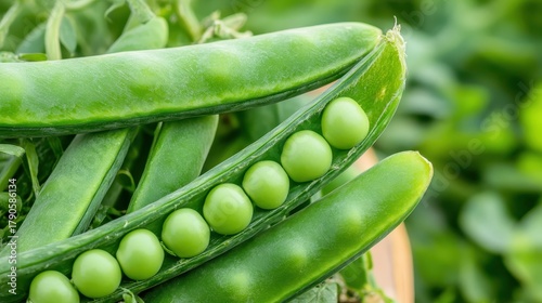 Open pea pods bursting with fresh vibrant green peas