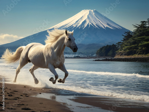 A white horse sprinting at full speed.