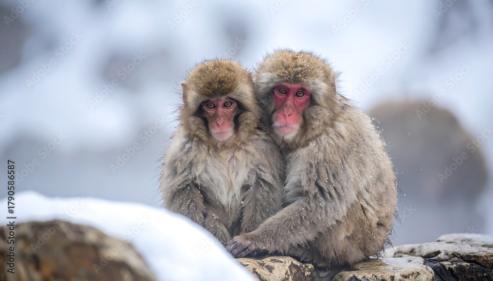 Naklejka premium Two Japanese Macaques Monkeys Huddled Together in Snow.