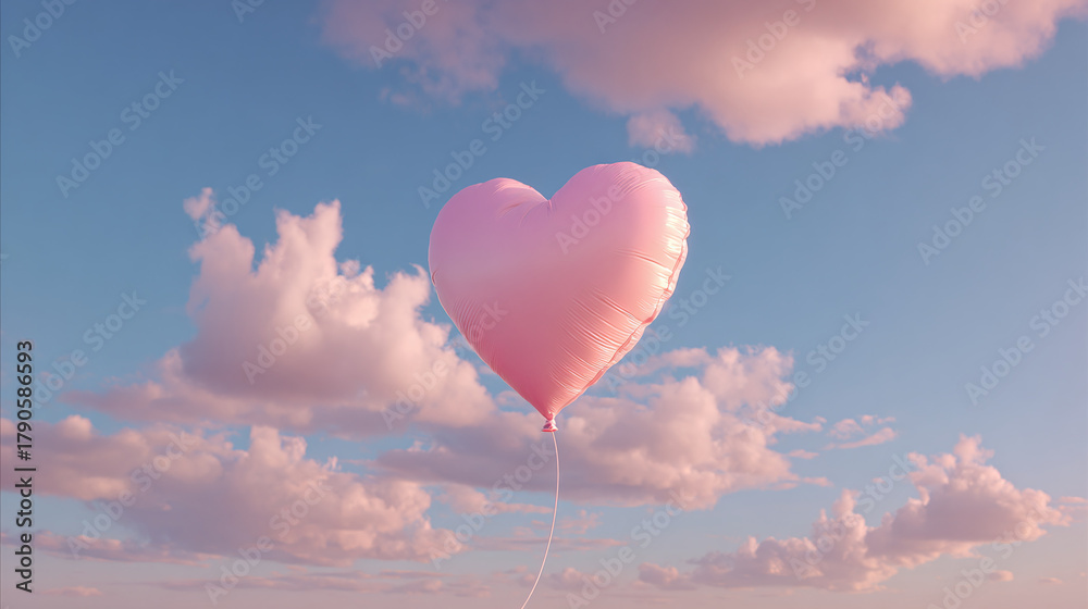 Obraz premium A charming pink heart balloon floats serenely against a backdrop of fluffy, pale clouds, evoking feelings of love and lighthearted joy.