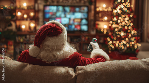 Santa relaxing on the couch watching TV with his remote in hand. Decorated Christmas tree in the background during the Christmas season.