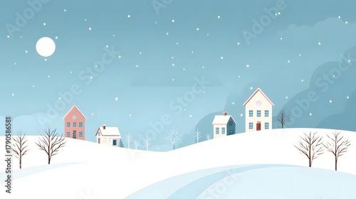 Flat vector snowy landscape background with cute minimal houses and stars