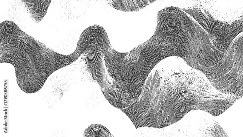 Black and white abstract fingerprint pattern with wavy lines and textured dots vector