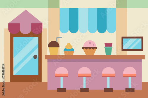 Cartoon ice cream parlor interior vector illustration