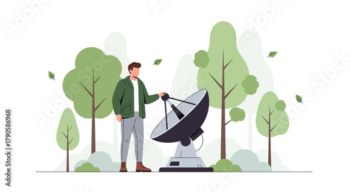 Illustration of a man operating a satellite dish in a natural park setting for communication