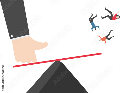 Big hand pressing lever makes people lose balance, business concept illustration

