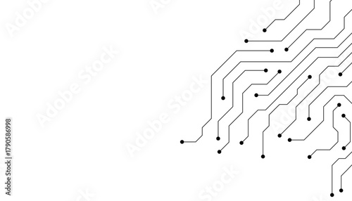 Black circuit board traces and nodes on white background electronic technology