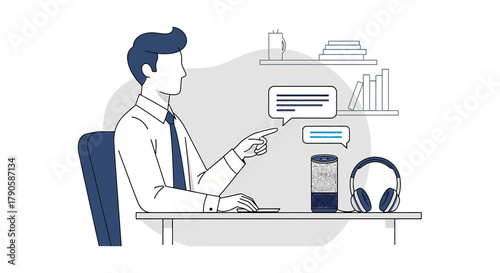 Illustration of a man using a smart speaker to communicate at home or office workspace