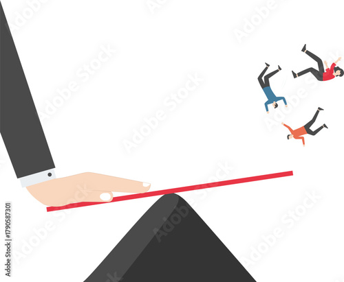Big hand pressing lever makes people lose balance, business concept illustration

