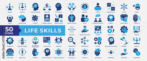 Life Skills icon set, containing adaptive, positive behavior, challenges life, psychosocial, individual, active and productive. Simple Flat Vector Illustration.