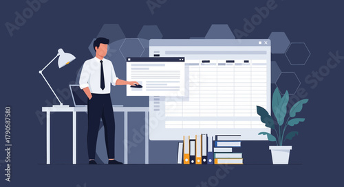 Illustration of a professional man working with spreadsheet software in a modern office environment