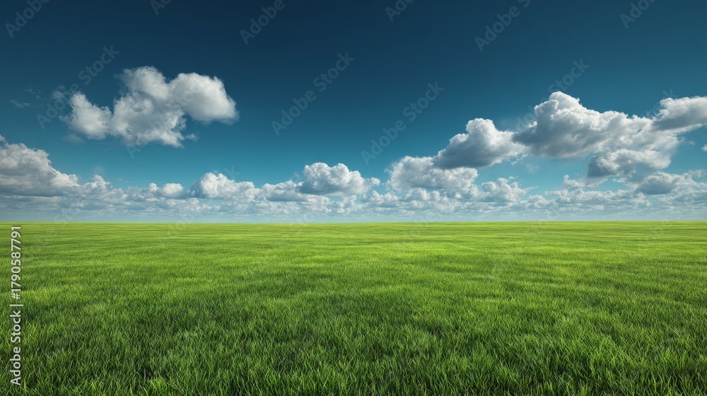 Obraz premium Green grass field under blue sky with white clouds