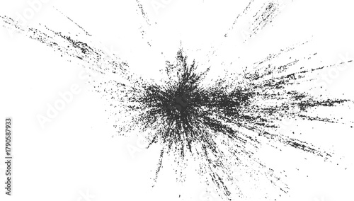 Black ink splatter explosion on white background abstract texture blast blob