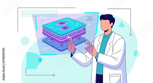 Illustration of a scientist explaining a cell layer structure for scientific purposes