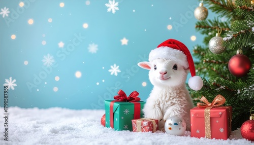 Festive action with cute lamb cozy home setting christmas decoration cheerful atmosphere close-up view holiday spirit