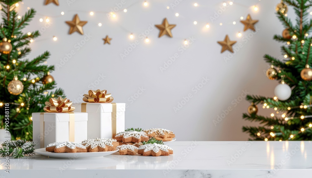 Fototapeta premium Festive baking event decorated christmas cookies cozy home kitchen food photography holiday atmosphere birds eye view seasonal treats