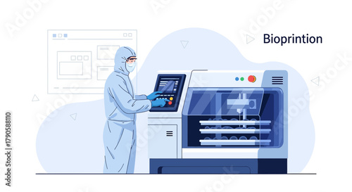 Illustration of a scientist operating a bioprinting machine for medical innovation