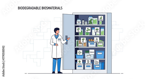 Illustration of a scientist next to a shelf full of biodegradable biomaterials containers