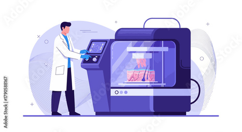 Illustration of a scientist operating a bioprinting machine for tissue engineering research