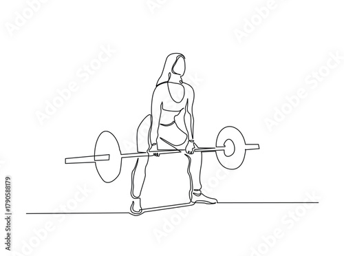 Continuous line art drawing of Woman doing exercise with a heavy weight bar. Woman lifting a heavy weight barbell in single outline illustration.