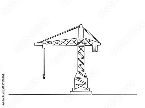 Continuous line art drawing of Tower Crane for building construction. Construction crane in single outline illustration.