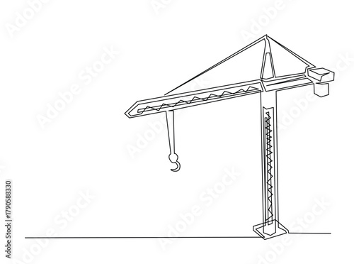 Continuous line art drawing of Tower Crane for building construction. Construction crane in single outline illustration.