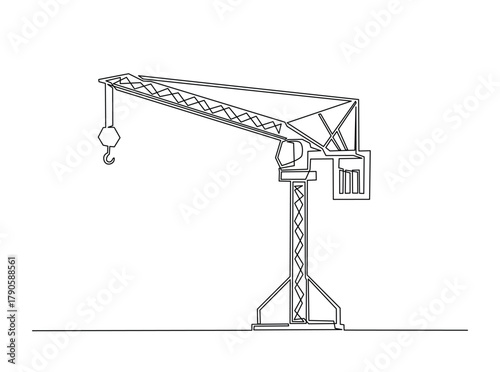 Continuous line art drawing of Tower Crane for building construction. Construction crane in single outline illustration.