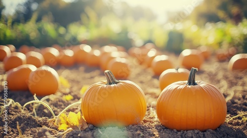 Pumpkins in a Sunlit Field Ready for Harvest Season