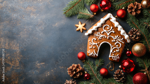 gingerbread house among christmas decor with copy space --ar 16:9 --stylize 250 --v 6.1 Job ID: 68dfb61d-7493-4e00-8e2b-f3c8d89d1b50
