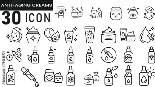 Collection of 30 hand drawn outline icons representing anti aging skincare products and treatments