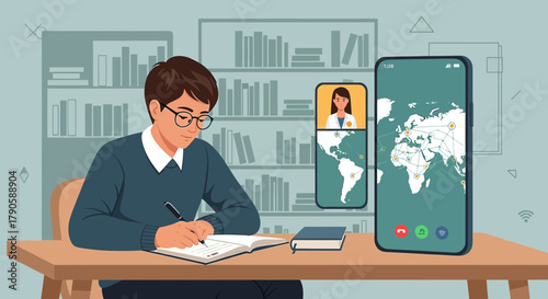 Illustration of a student attending an online class and consulting with a doctor