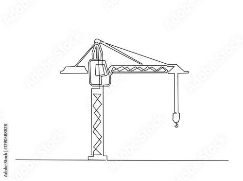 Continuous line art drawing of Tower Crane for building construction. Construction crane in single outline illustration.