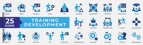 Training Development icon set. Containing development, learning, workshop, coach, mentor, curriculum and seminar. Simple flat vector illustration.