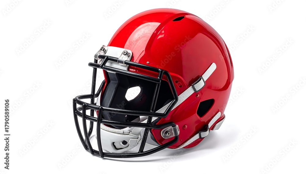 Naklejka premium Glossy red football helmet with black face mask, isolated on a bright white background in a studio shot