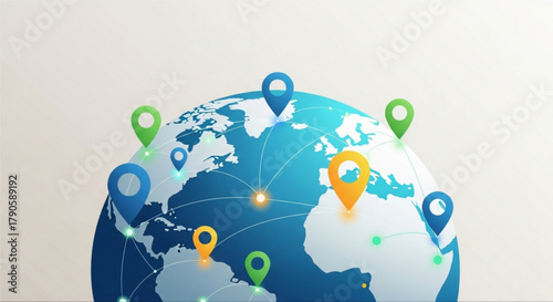 World map with location pins showing global network concept of global business, trade, and international relations