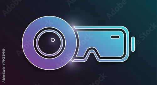 Stylized neon vr headset and camera lens icon, representing virtual reality photography and immersive technology on dark background