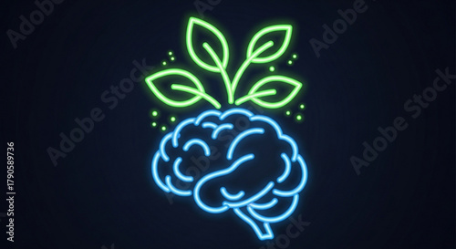 A neon sign illustration of a brain with leaves growing out of it, symbolizing growth, learning, and mental health and isolated on