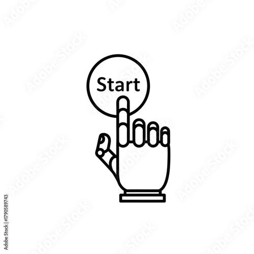 A simple line art icon of a robotic hand with an extended index finger pressing a circular Start button.