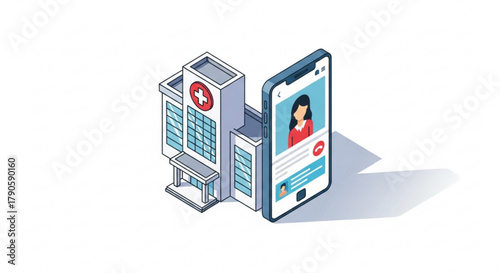 Isometric hospital building with cross symbol and smartphone with doctor profile telemedicine concept