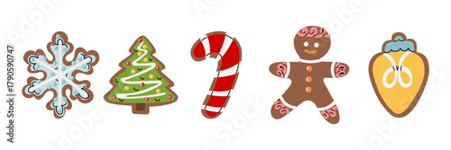 set of gingerbread cookies in the shape of snowflake, Christmas tree, gingerbread man, lantern, and candy cane. A flat, colored, isolated illustration. For decorating Christmas and winter holidays
