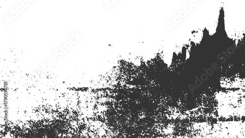 Black and white textured grunge background with abstract shapes and speckles vector